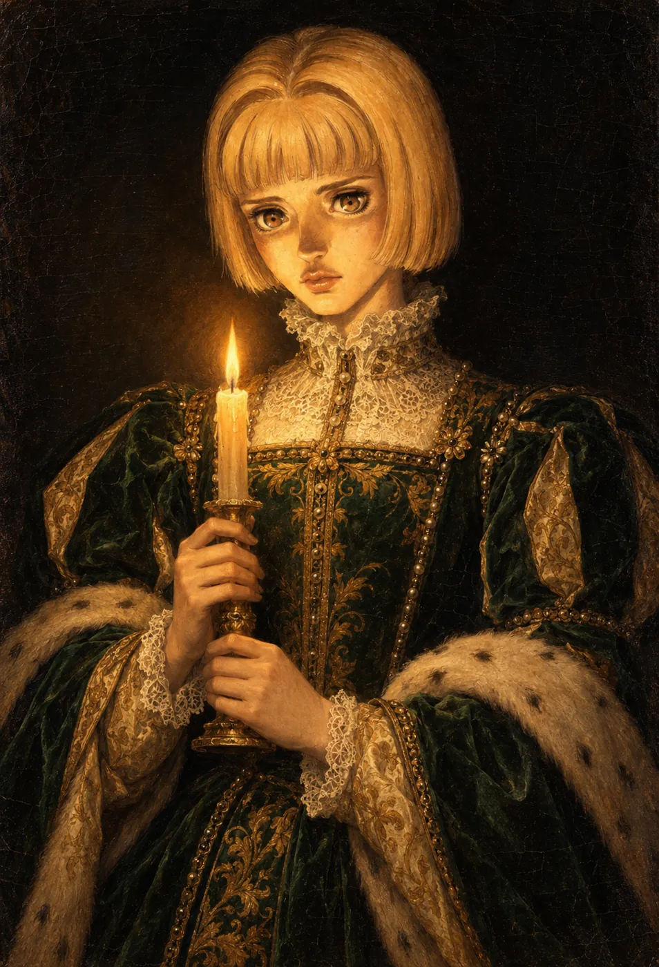 Oil portrait of Farnese de Vandimion with a blonde bob, in a green and gold gown, holding a candle