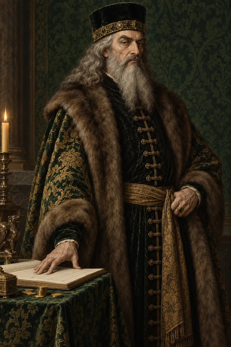 Oil portrait of Federico de Vandimion III, a grey-bearded patriarch in a tall hat and fur-lined robe beside a ledger and gold coins