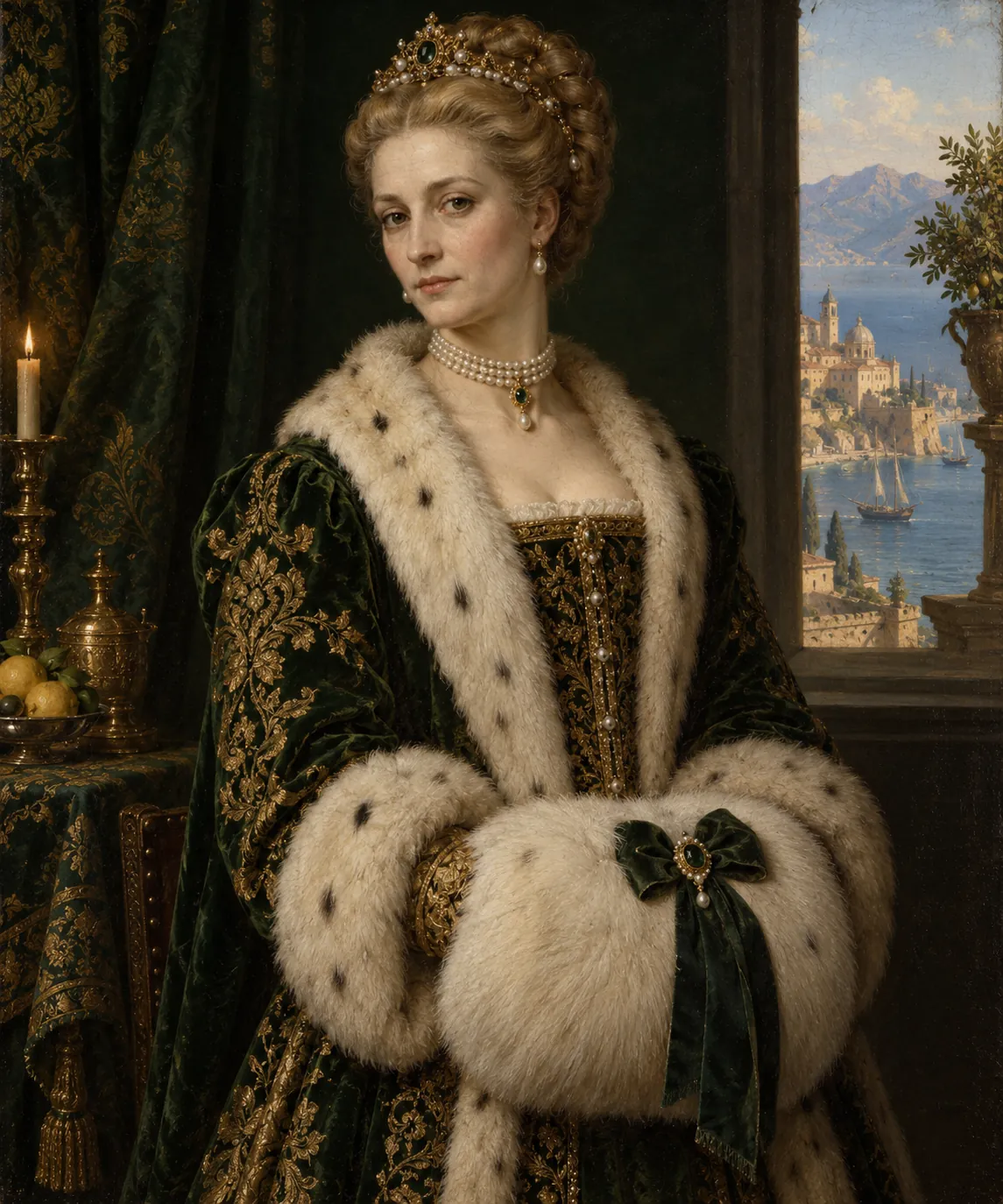 Oil portrait of Lady Vandimion, an elegant noblewoman with a tiara, pearl choker and white fur muff