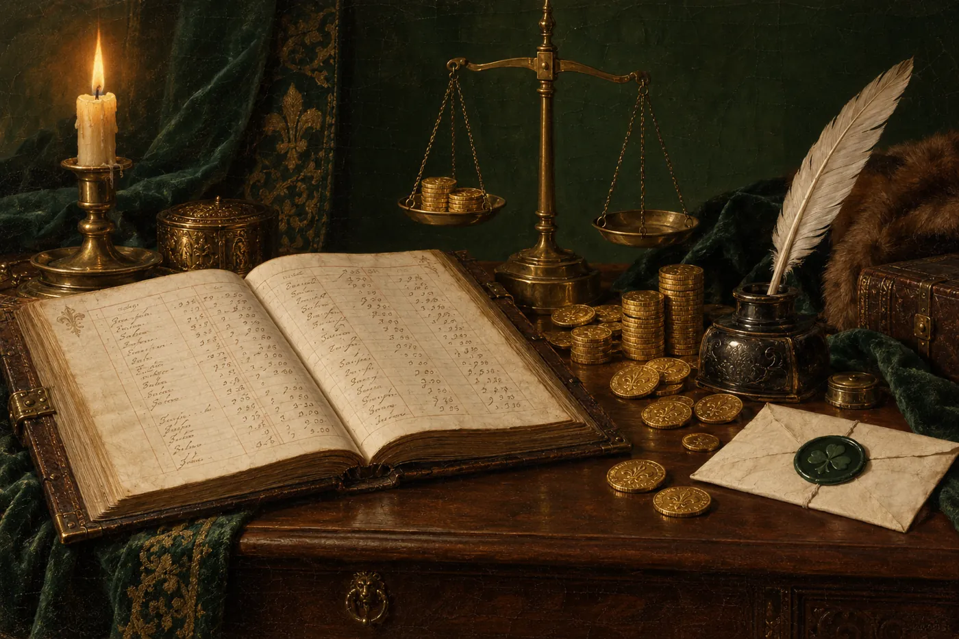 Oil still life: an open bank ledger, gold florins, brass scales, a quill and a letter sealed with green wax stamped with a four-leaf clover