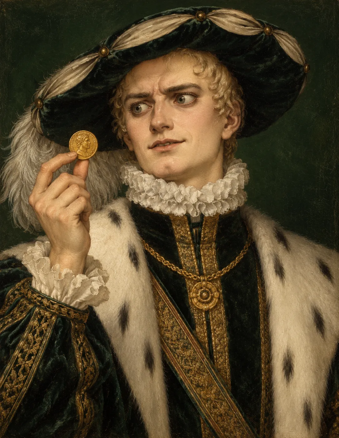 Oil portrait of Magnifico de Vandimion in a feathered velvet beret and ruff, admiring a gold coin