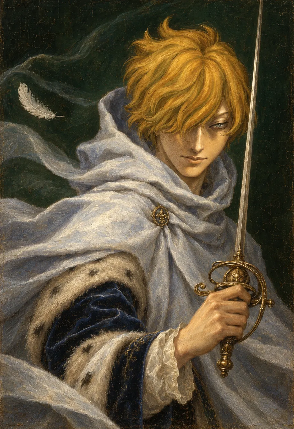 Oil portrait of Serpico with messy blond hair and narrow fox-like eyes, holding a rapier, his pale cloak swirling